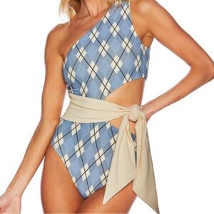 Beach Riot Blue and Cream One-Shoulder Swim One Piece Large
